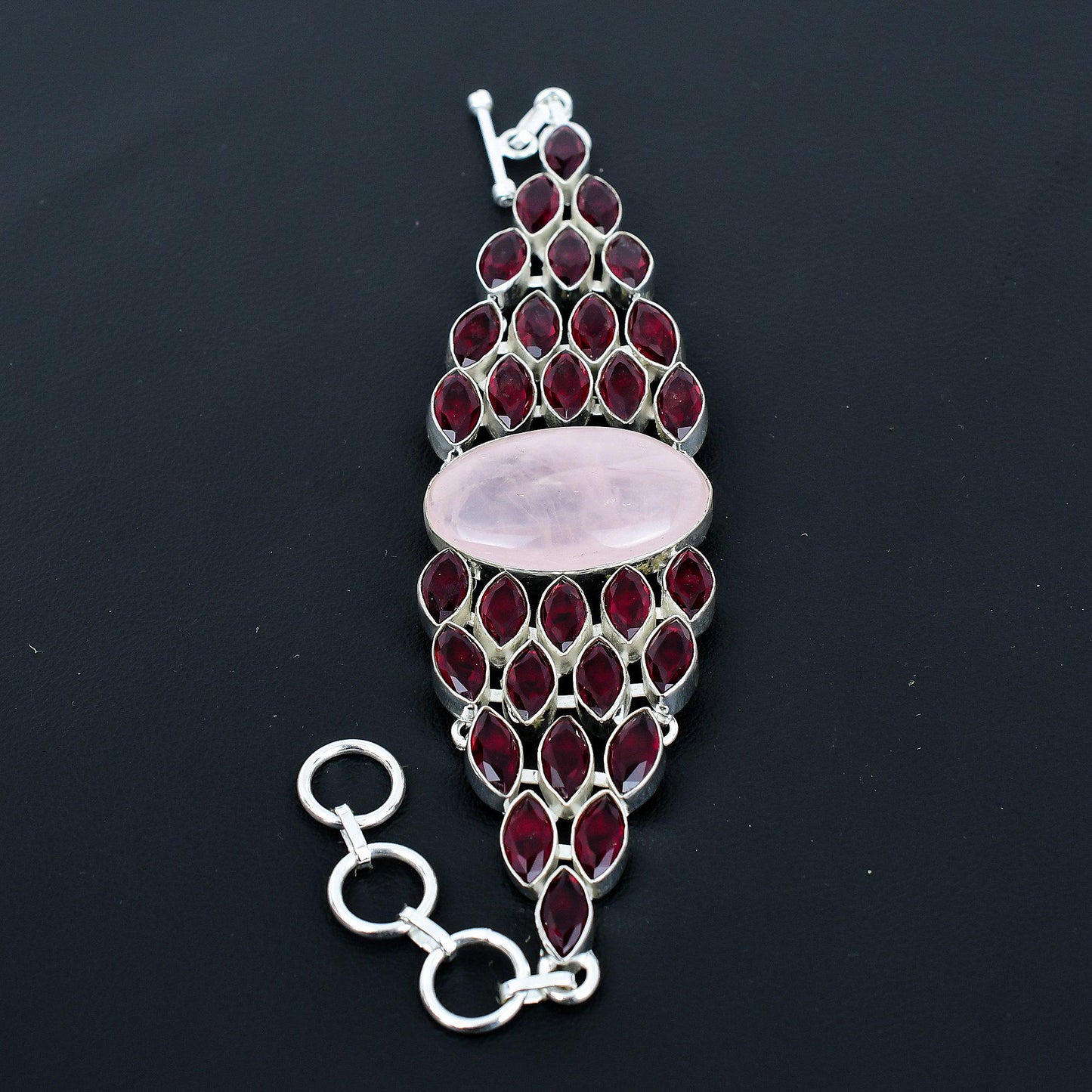Pink Rose Quartz & Red Garnet Gemstone Bracelet