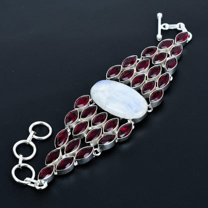 Red Garnet & Rainbow Moonstone Gemstone Bracelet