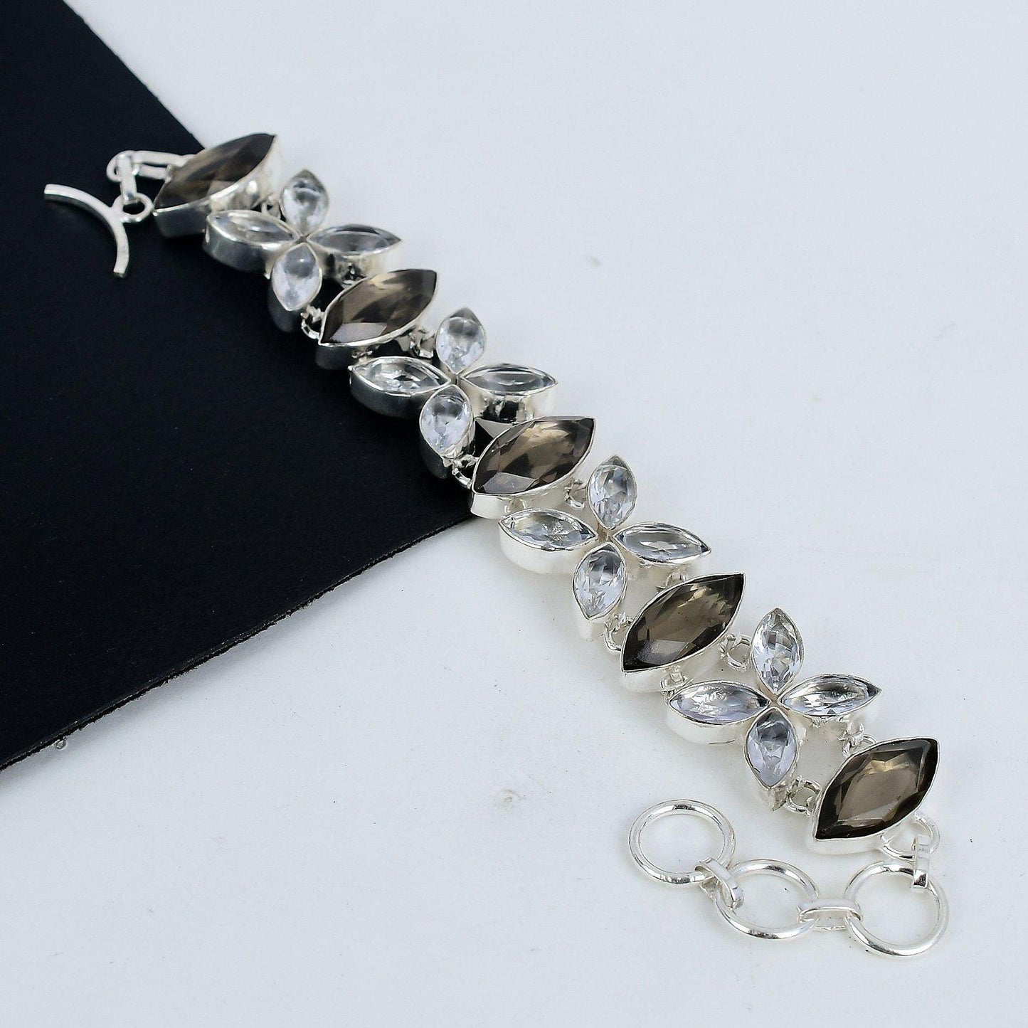 Smoky Brown & White Topaz Gemstone Sterling Silver Bracelet