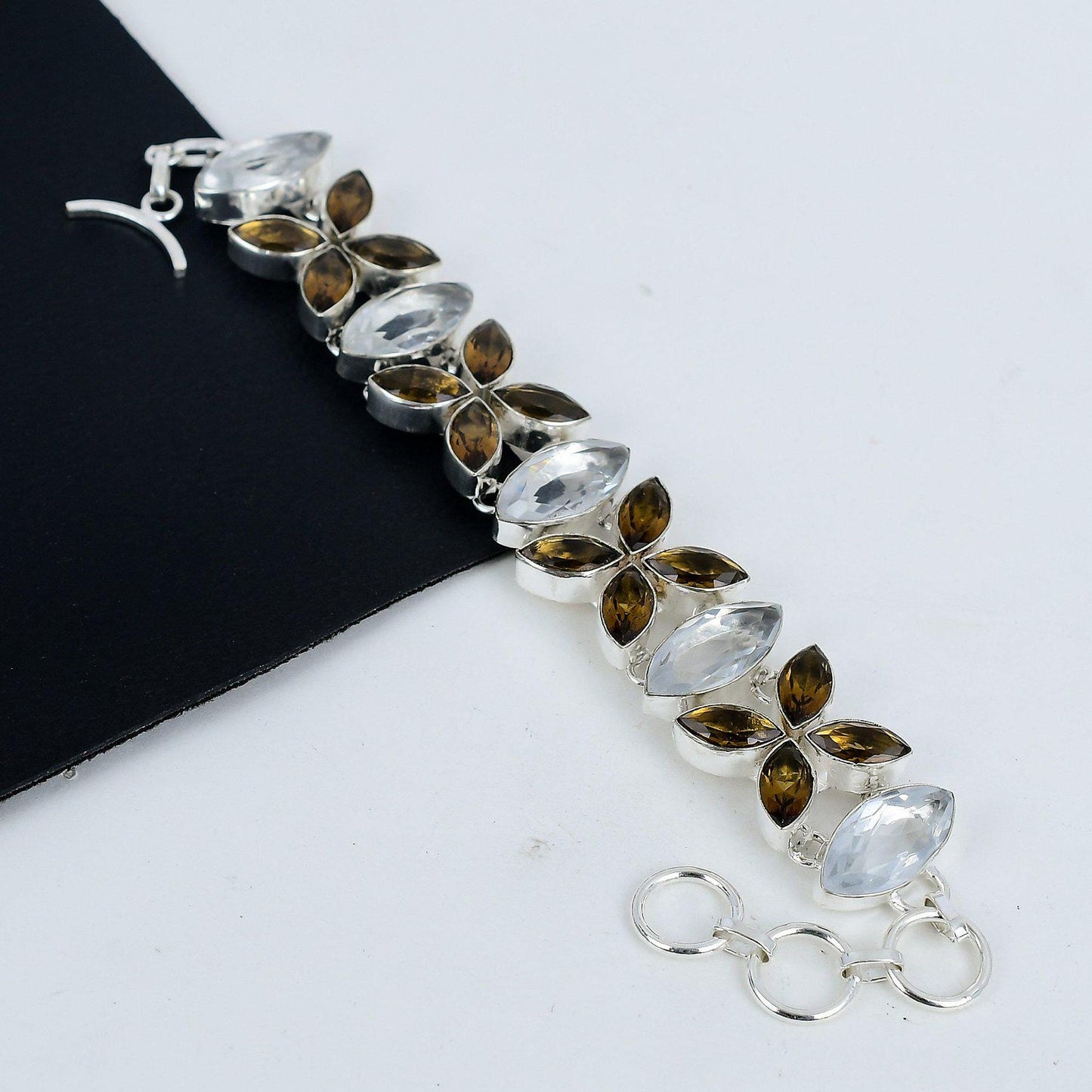 White & Smoky Topaz Gemstone Sterling Silver Bracelet
