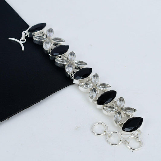 Black Spinel and White Topaz Gemstone Sterling Silver Bracelet