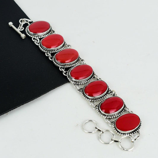 Red Coral Gemstone Sterling Silver Bracelet