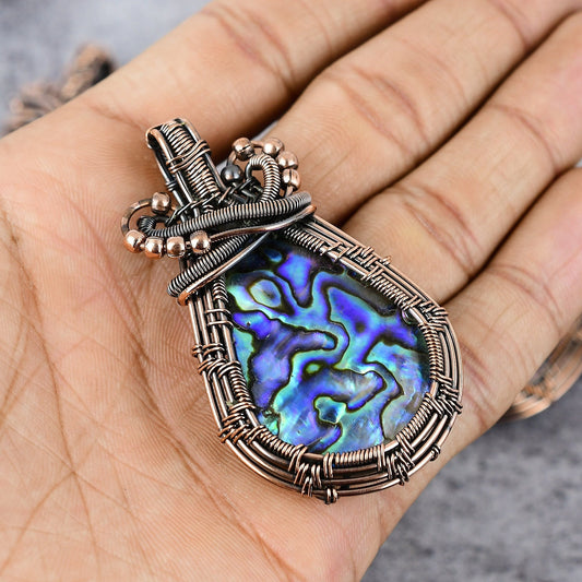 Iridescent Blue-Green Abalone Gemstone Copper Pendant