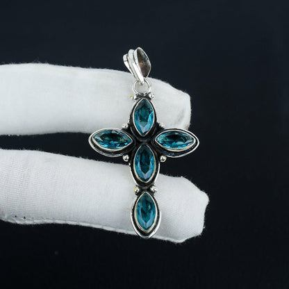 Blue Topaz Gemstone Cross Pendant