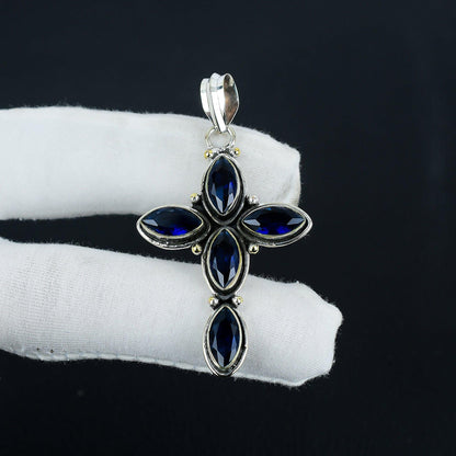 Blue Sapphire Gemstone Cross Pendant