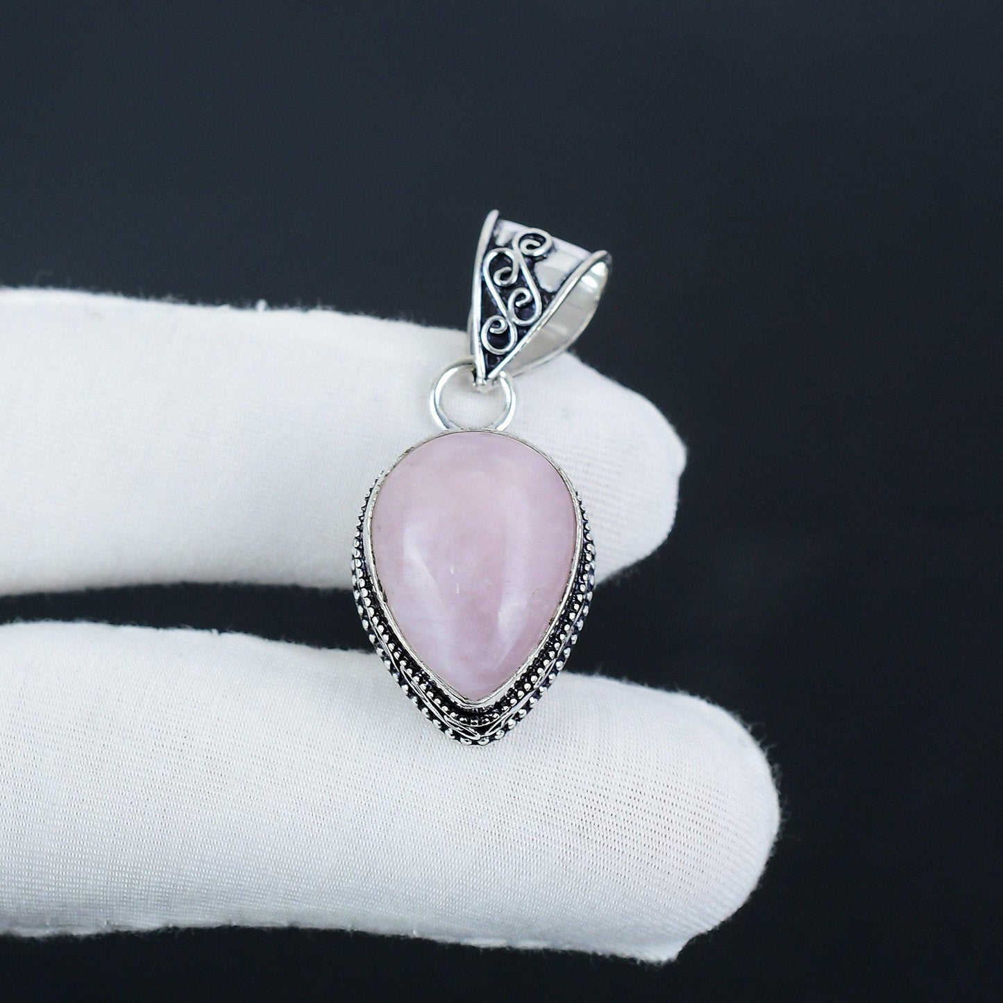 Pink Rose Quartz Silver Pendant