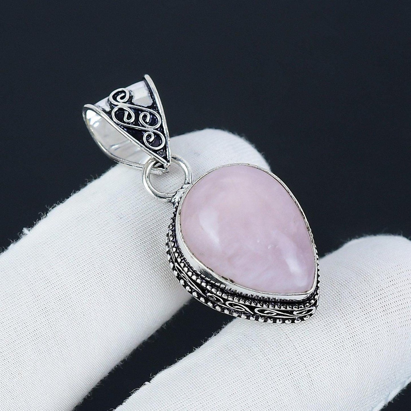 Pink Rose Quartz Silver Pendant