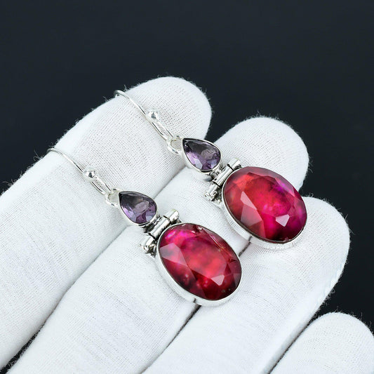 Multicolor Ammolite & Purple Amethyst Gemstone Drop Earrings