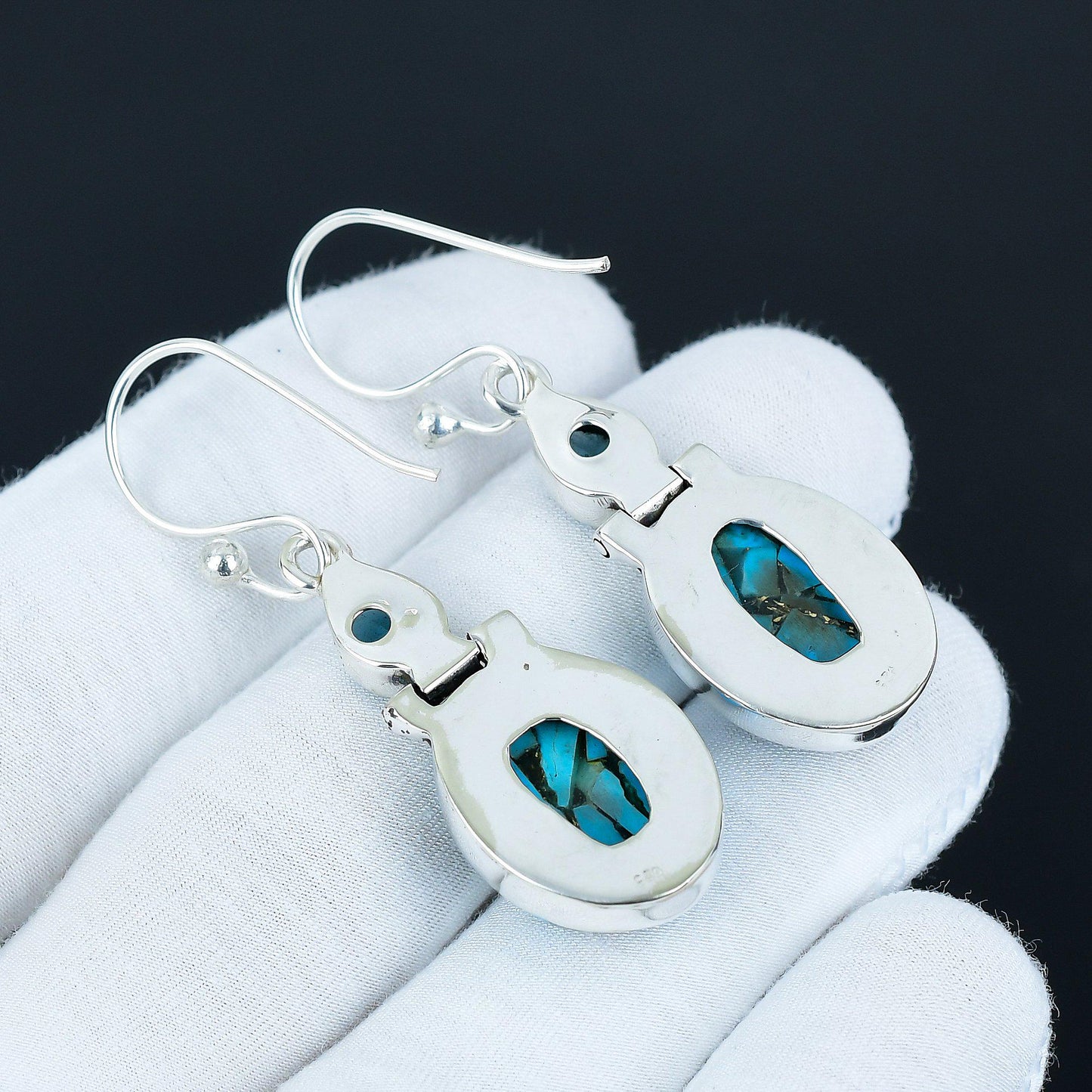 Copper Turquoise & Blue Chalcedony Silver Drop Earrings