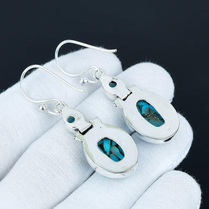 Copper Turquoise & Blue Chalcedony Silver Drop Earrings