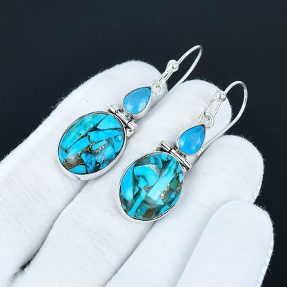 Copper Turquoise & Blue Chalcedony Silver Drop Earrings