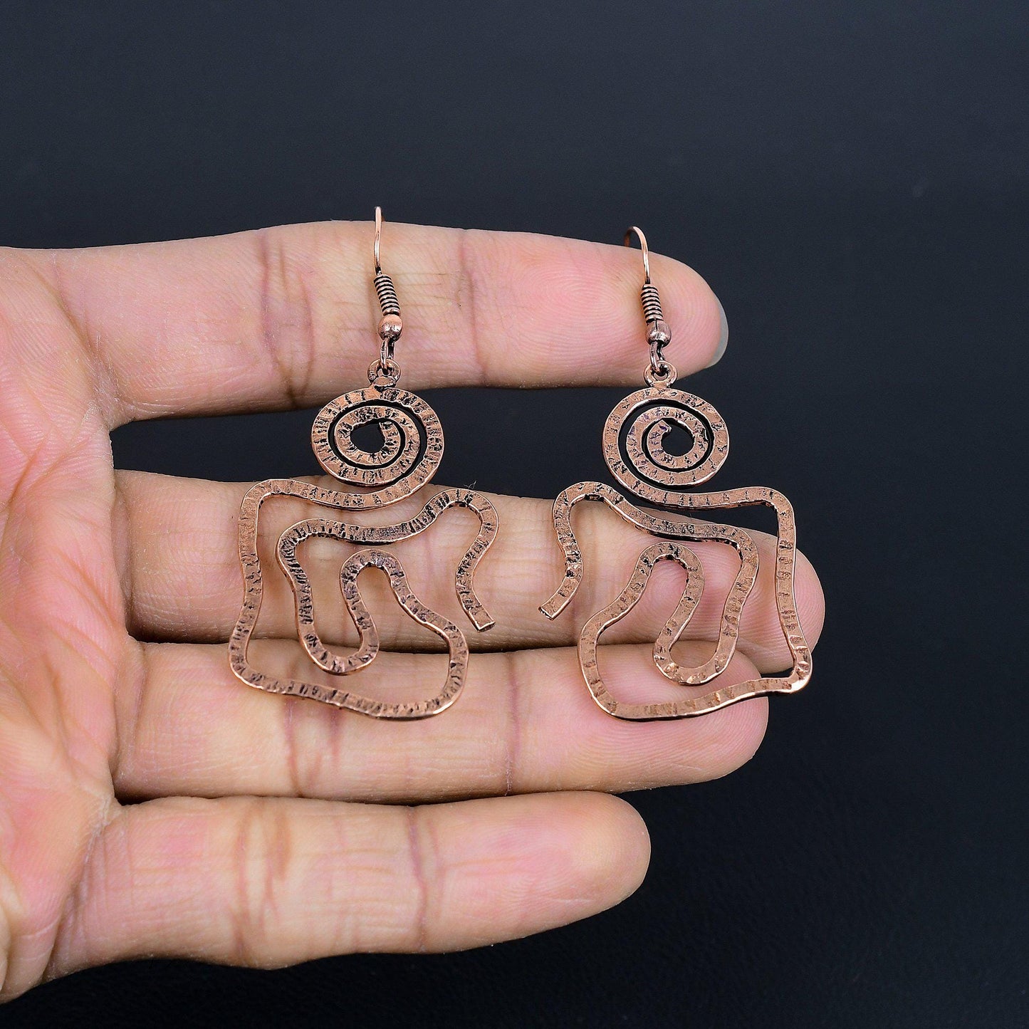 Copper Gemstone Spiral Dangle Earrings