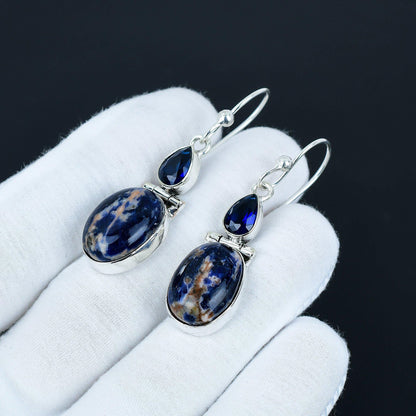 Blue Sodalite & Sapphire Gemstone Earrings