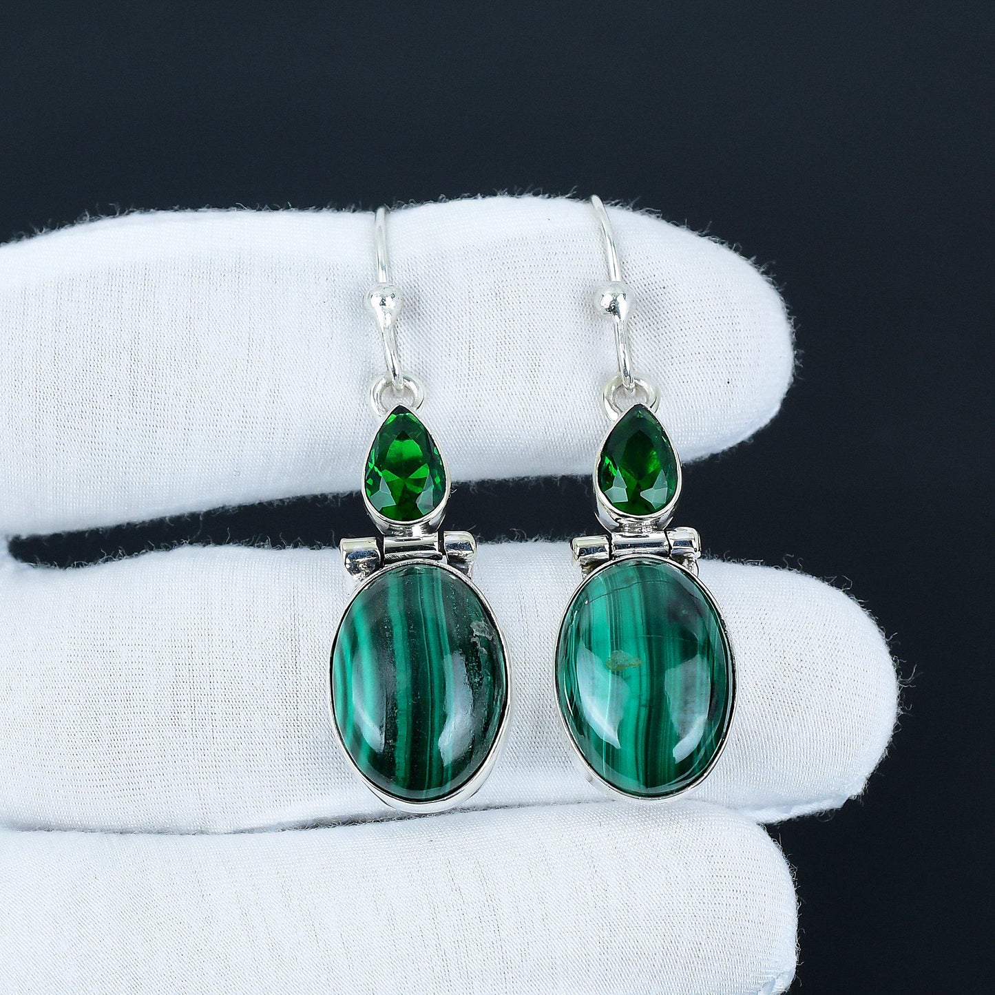 Green Malachite & Tourmaline Sterling Silver Drop Earrings
