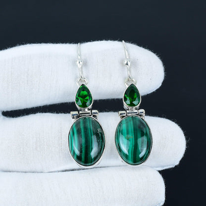 Green Malachite & Tourmaline Sterling Silver Drop Earrings