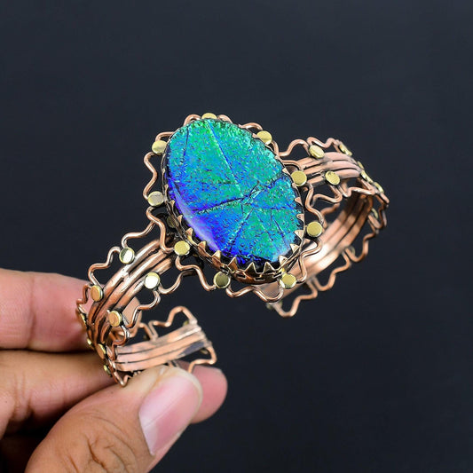 Multicolor Australian Triplet Opal Gemstone Copper Cuff Bracelet