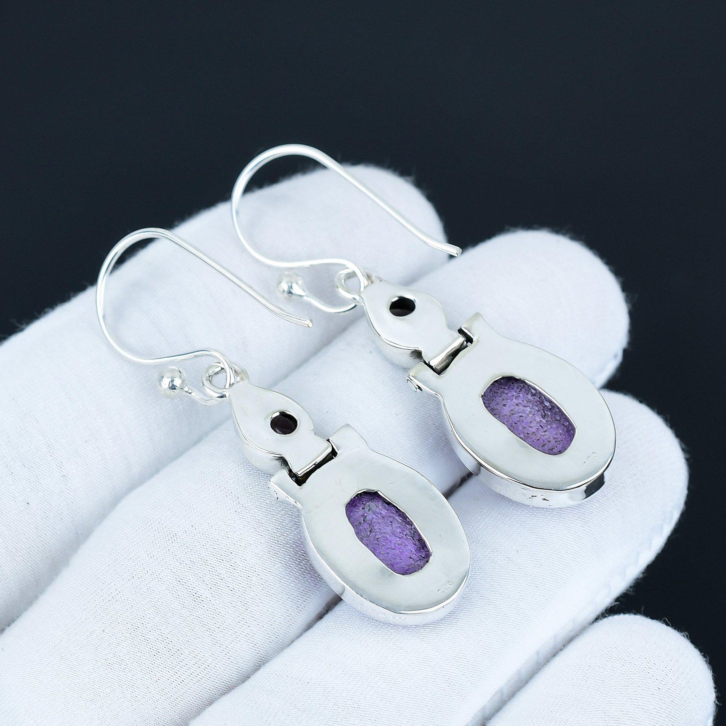 Purple Purpurite & Amethyst Sterling Silver Dangle Earrings