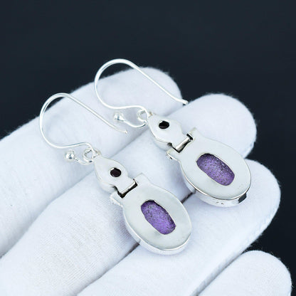 Purple Purpurite & Amethyst Sterling Silver Dangle Earrings