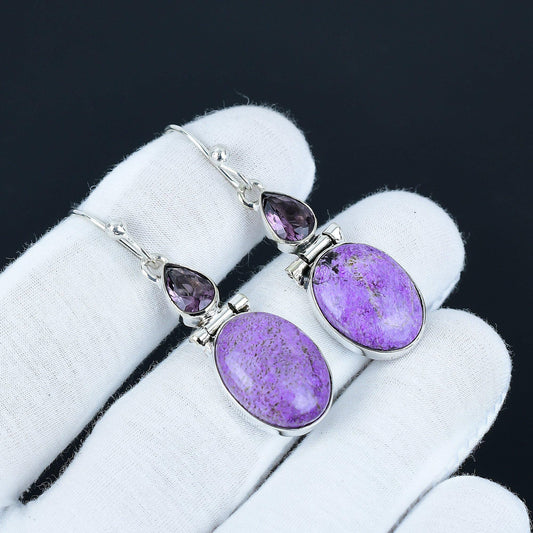 Purple Purpurite & Amethyst Sterling Silver Dangle Earrings