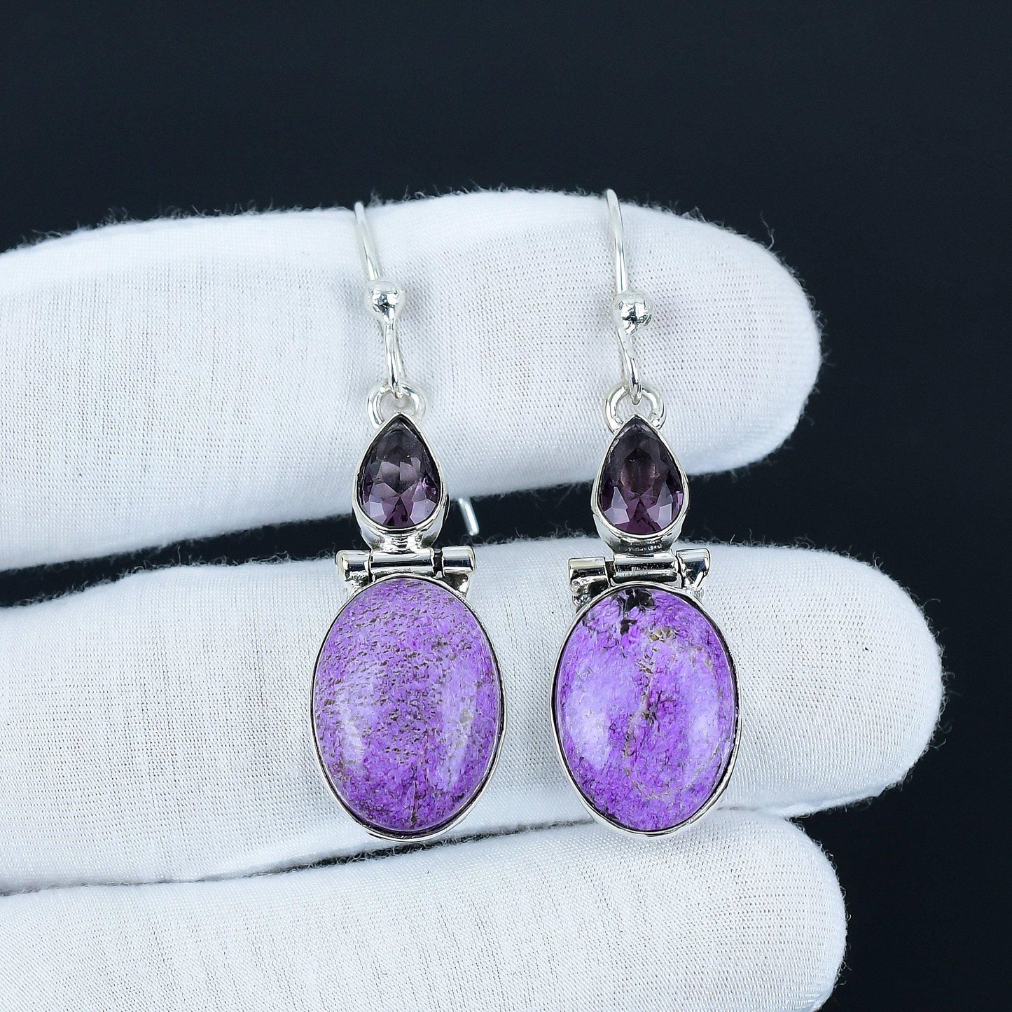 Purple Purpurite & Amethyst Sterling Silver Dangle Earrings