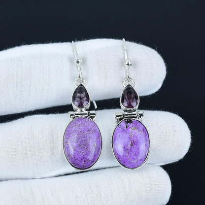 Purple Purpurite & Amethyst Sterling Silver Dangle Earrings