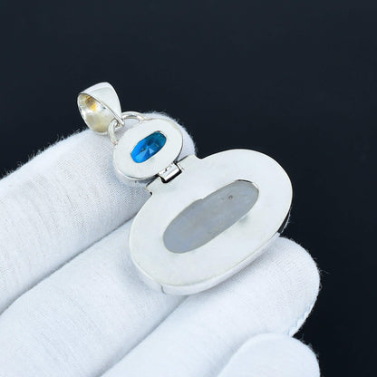 Rainbow Moonstone & Blue Topaz Silver Pendant