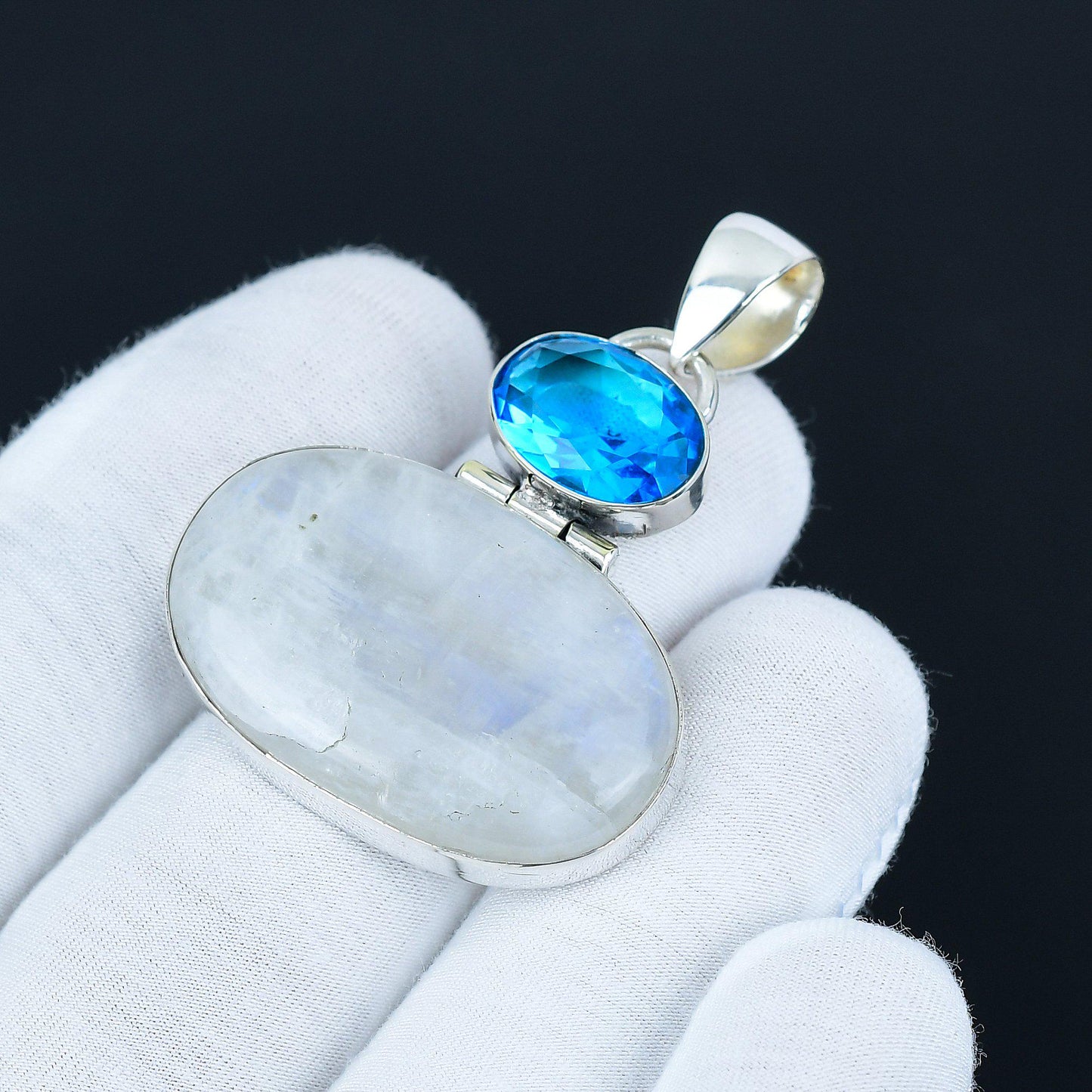 Rainbow Moonstone & Blue Topaz Silver Pendant