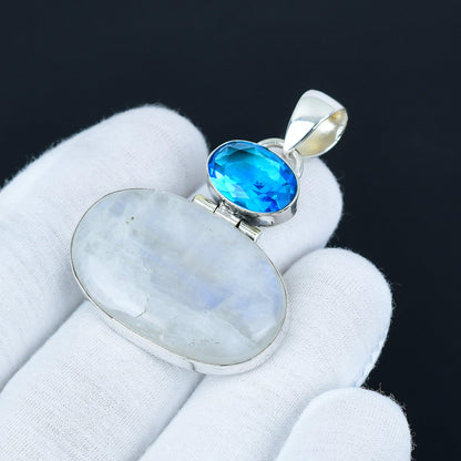 Rainbow Moonstone & Blue Topaz Silver Pendant