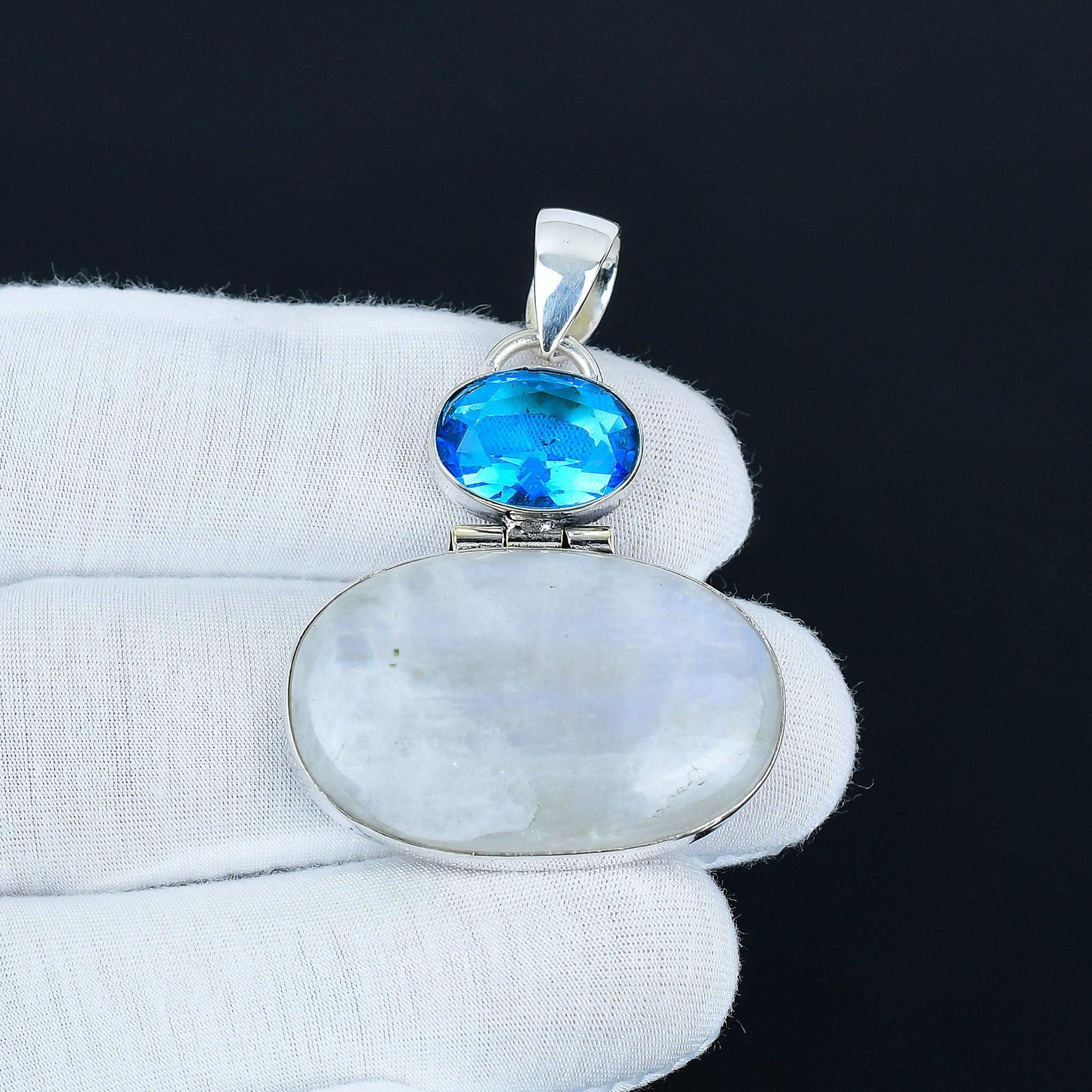 Rainbow Moonstone & Blue Topaz Silver Pendant