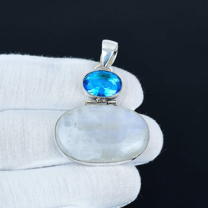 Rainbow Moonstone & Blue Topaz Silver Pendant