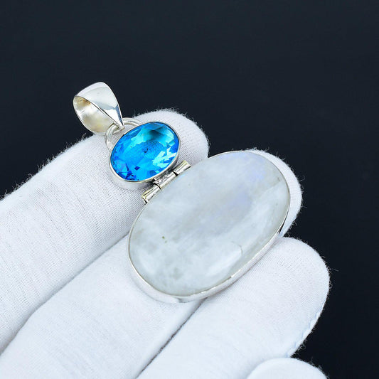 Rainbow Moonstone & Blue Topaz Silver Pendant