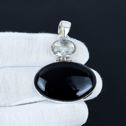 Black Onyx & White Topaz Silver Pendant