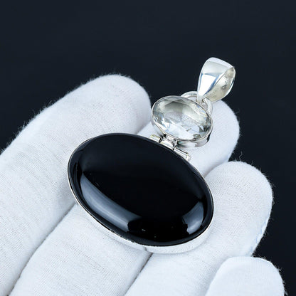 Black Onyx & White Topaz Silver Pendant