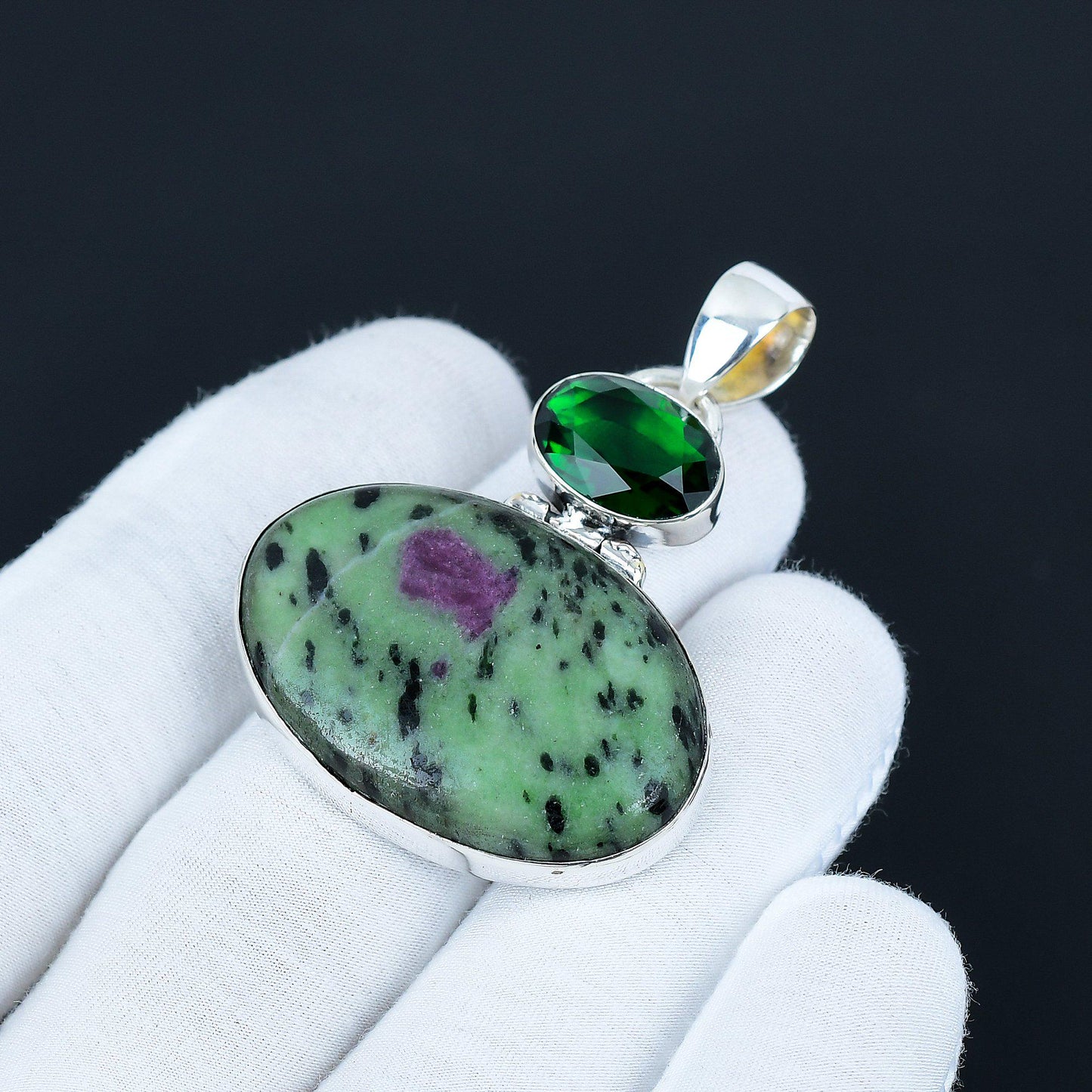 Green Ruby Zoisite & Tourmaline Pendant
