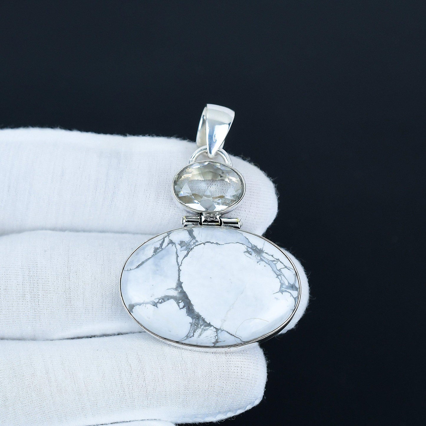 White Howlite & Blue Aquamarine Silver Pendant