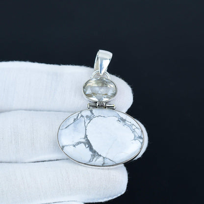White Howlite & Blue Aquamarine Silver Pendant