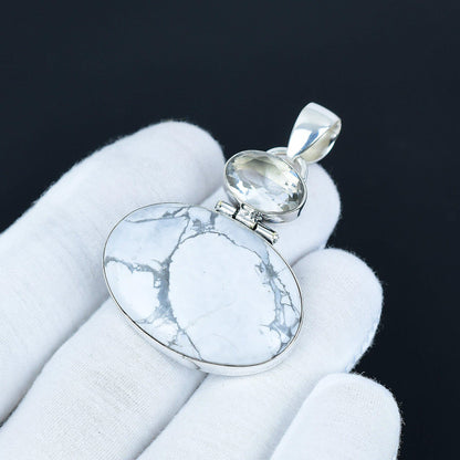 White Howlite & Blue Aquamarine Silver Pendant