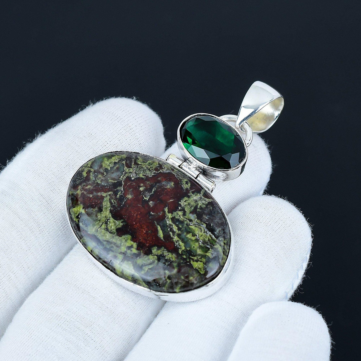 Dragonblood & Green Tourmaline Silver Pendant