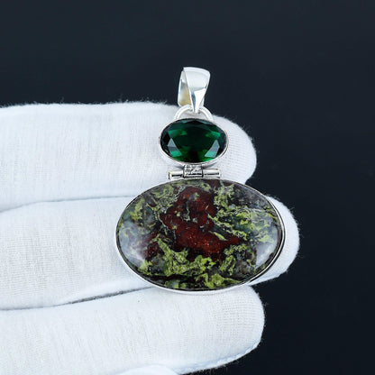 Dragonblood & Green Tourmaline Silver Pendant