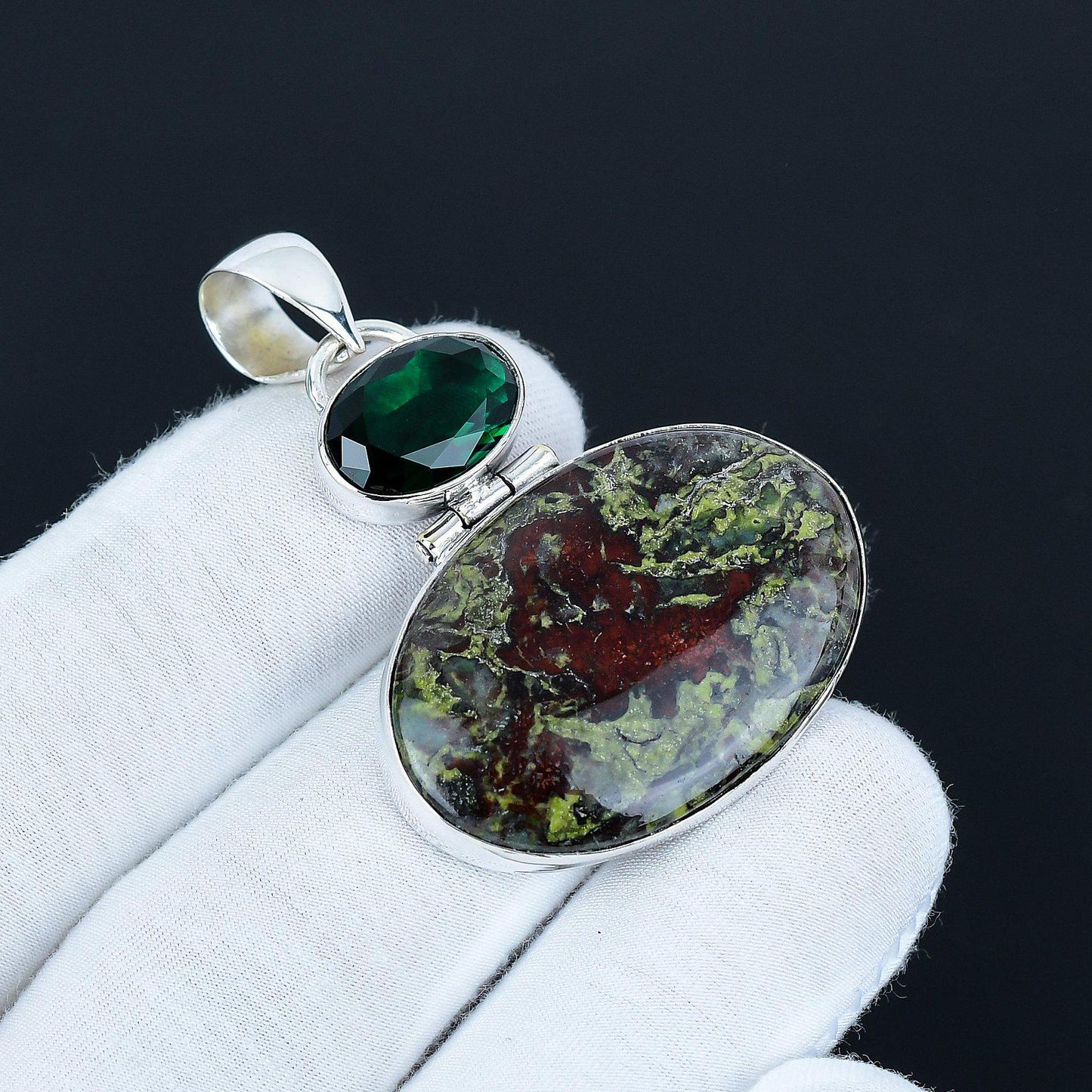 Dragonblood & Green Tourmaline Silver Pendant
