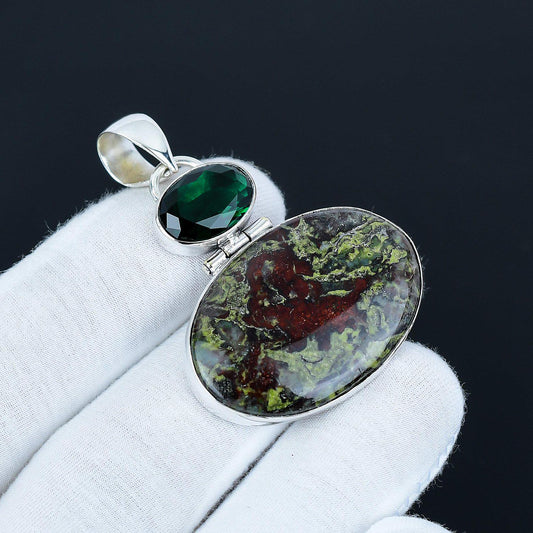 Dragonblood & Green Tourmaline Silver Pendant