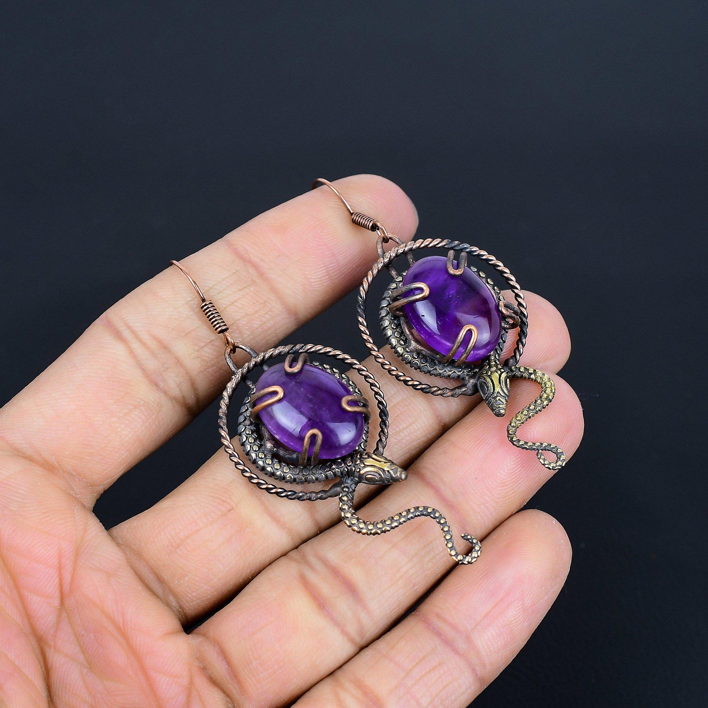 Purple Amethyst Gemstone Copper Dangle Earrings