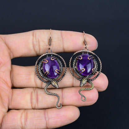 Purple Amethyst Gemstone Copper Dangle Earrings