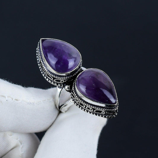 Purple Amethyst Teardrop Double Stone Ring