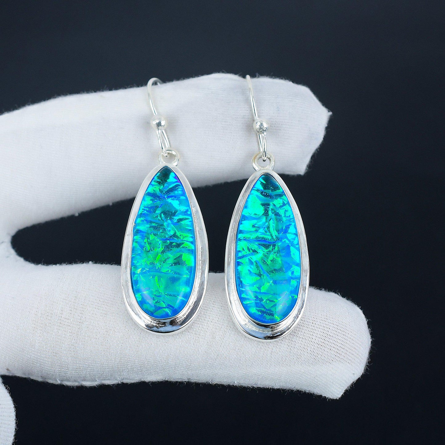 Blue Australian Triplet Opal Silver Earrings