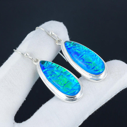 Blue Australian Triplet Opal Silver Earrings