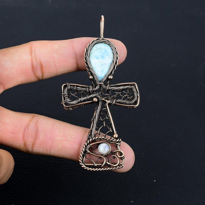 Blue Larimar Gemstone Ankh Pendant