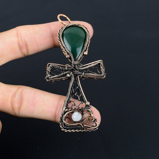 Green Jade Gemstone Ankh Pendant