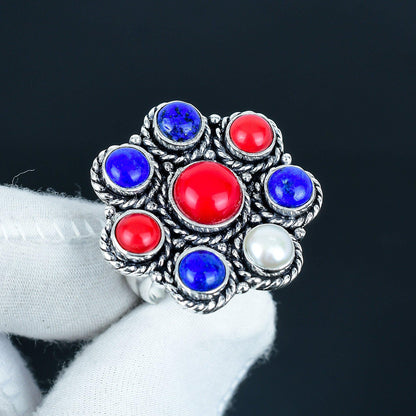 Red Coral Lapis Lazuli & Pearl Gemstone Ring
