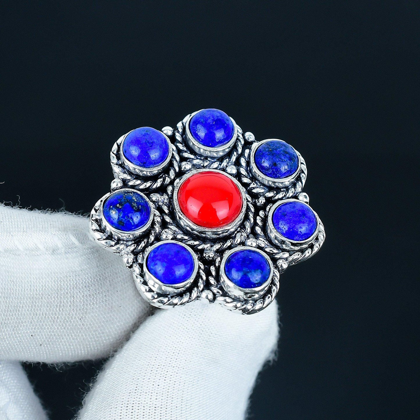 Red Coral & Lapis Lazuli Sterling Silver Ring